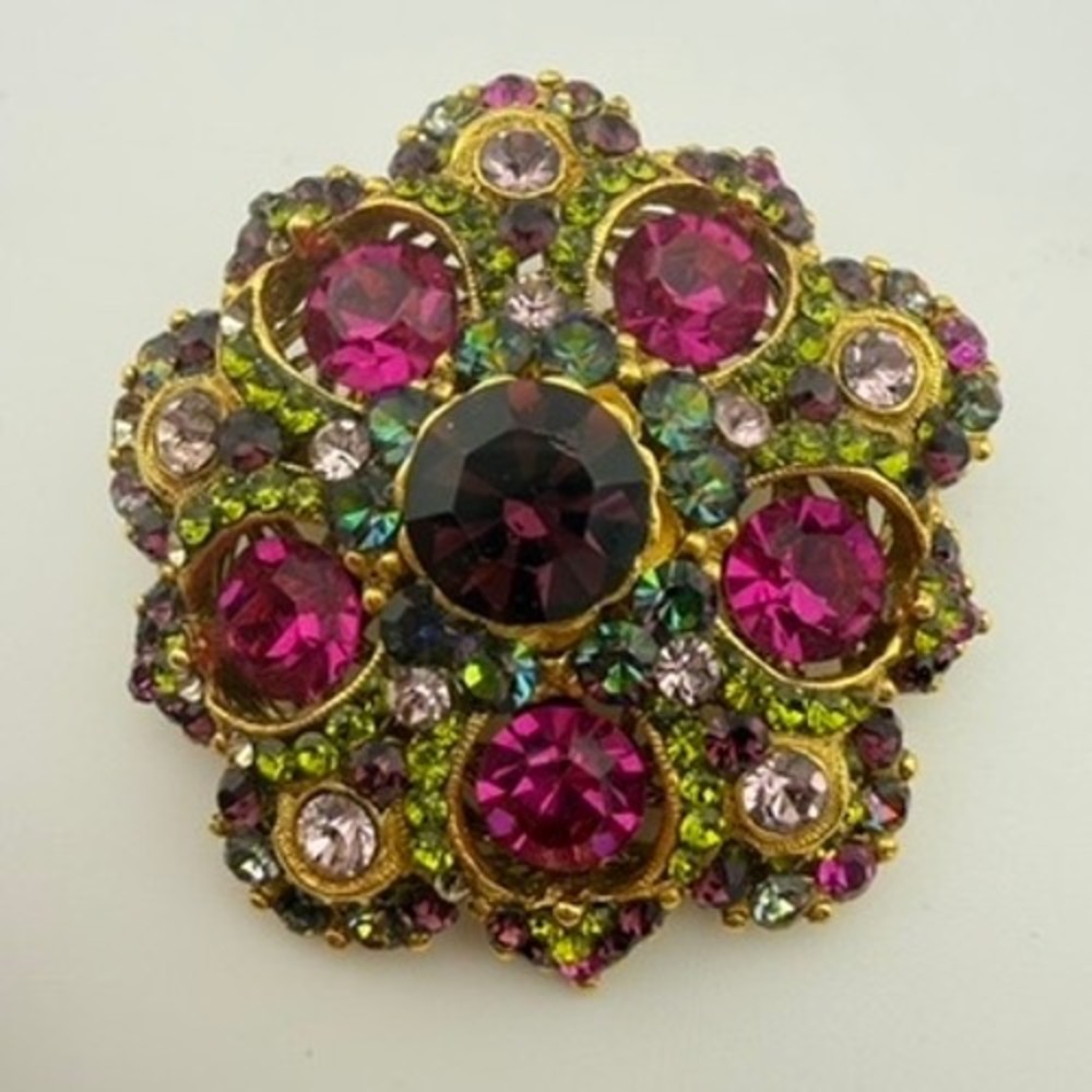 Barrera Rhinestone Floral Brooch Pink Purple Crystal Gold Tone Ornate Statement